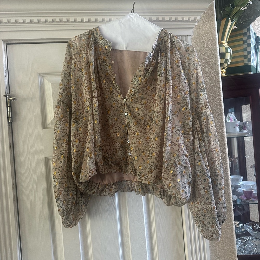 Floral Sheer Button-Front Blouse in Beige and Yellow